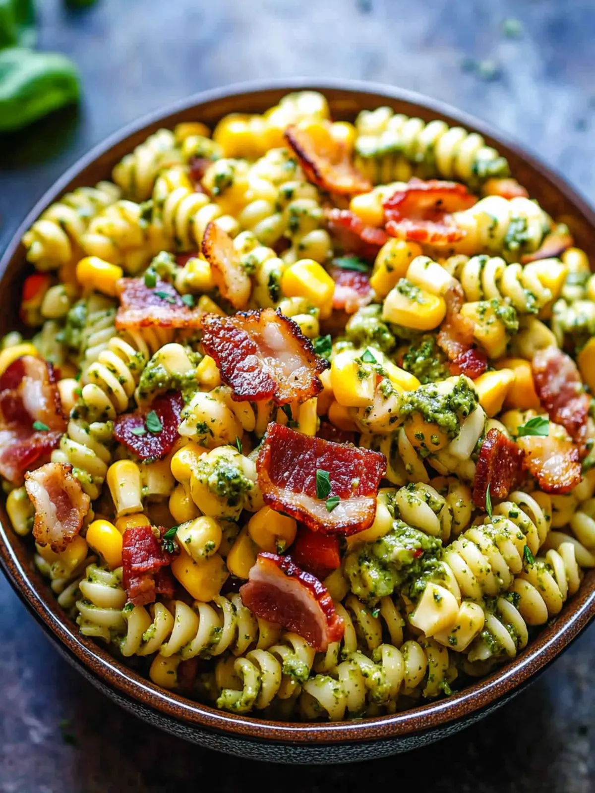 Corn Pasta Salad with Bacon and Creamy Pesto Dressing