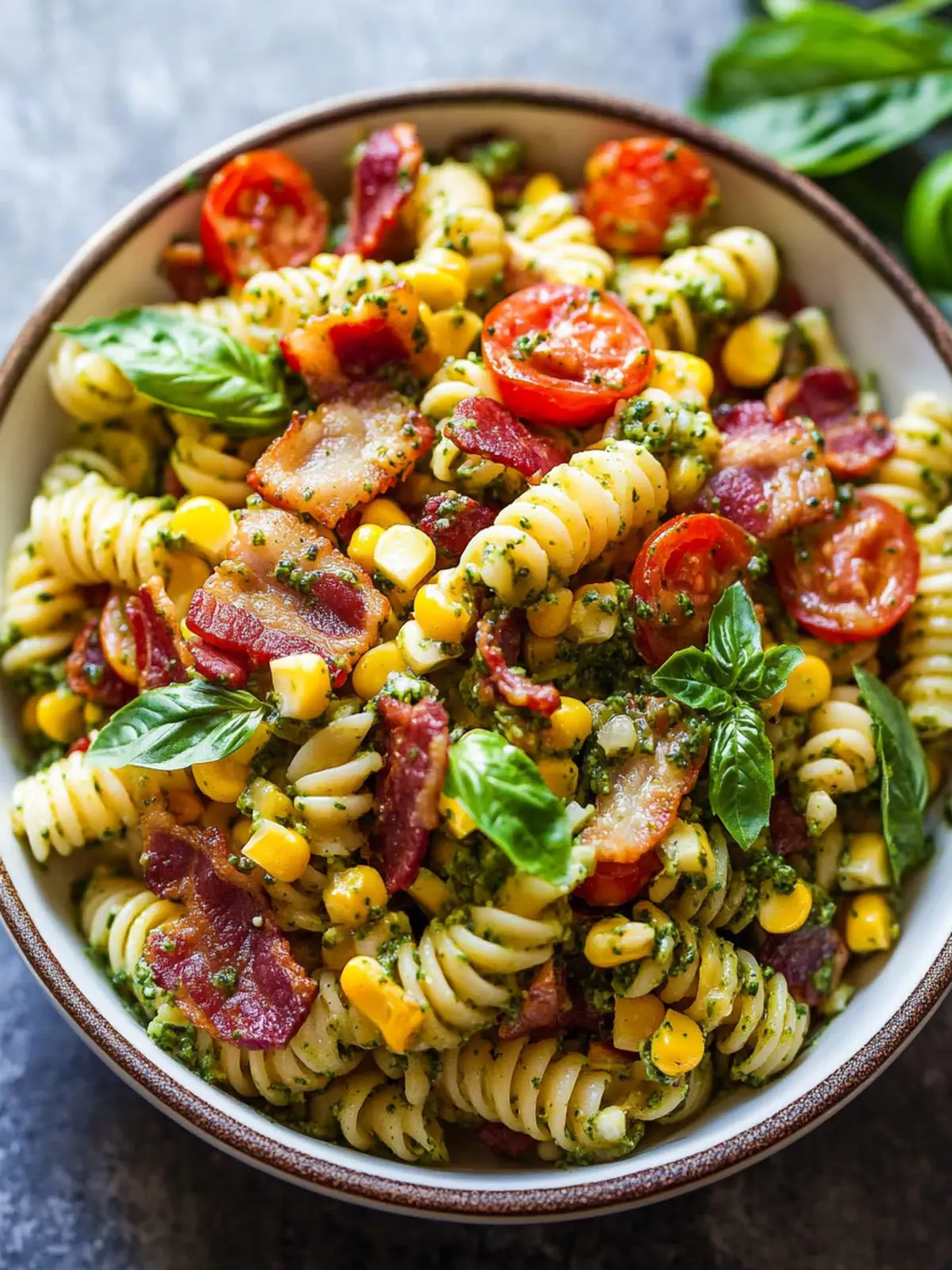 Delicious Corn Pasta Salad with Bacon & Creamy Pesto Dressing 5 Corn Pasta Salad with Bacon and Creamy Pesto Dressing