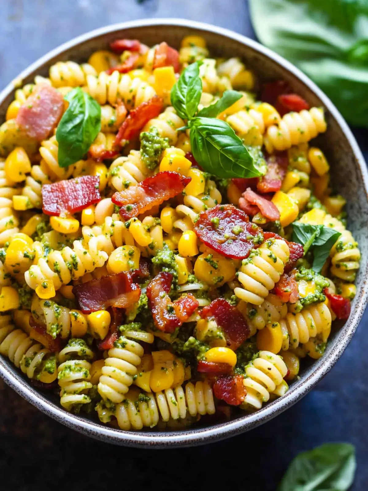 Delicious Corn Pasta Salad with Bacon & Creamy Pesto Dressing 4 Corn Pasta Salad with Bacon and Creamy Pesto Dressing