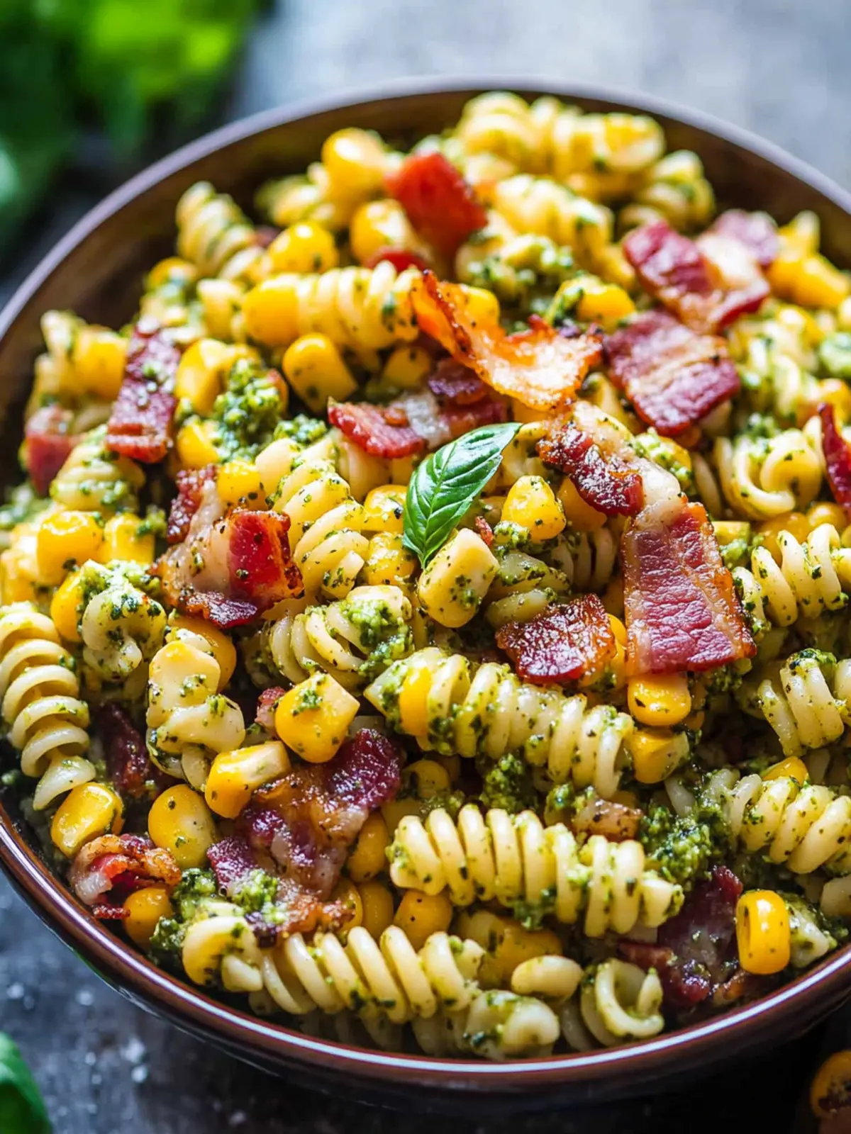 Corn Pasta Salad with Bacon and Creamy Pesto Bliss 2 Corn Pasta Salad with Bacon and Creamy Pesto Dressing