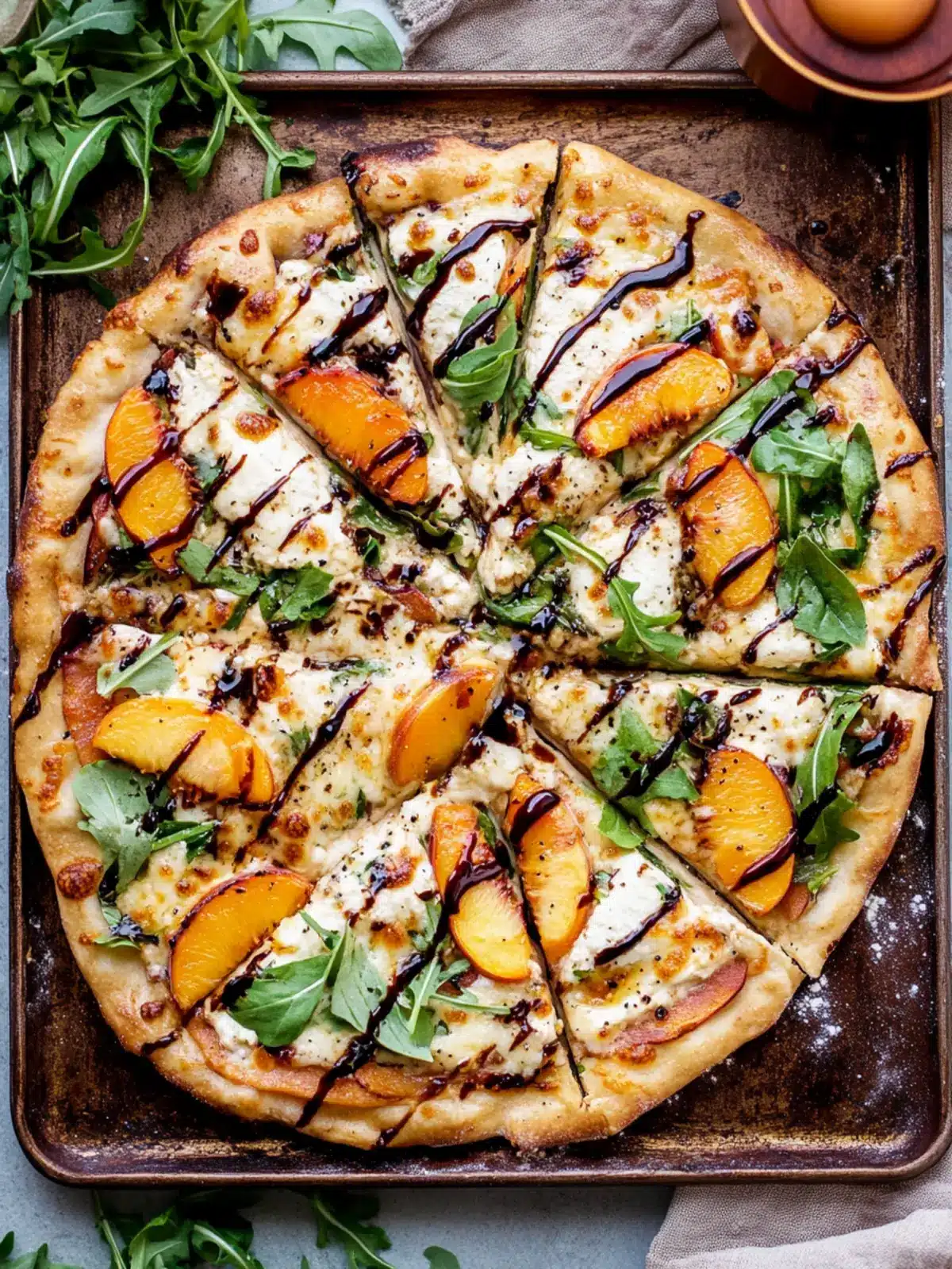 Chicken Peach Ricotta Pizza with Arugula & Balsamic Burst 2 Chicken Peach Ricotta Pizza with Arugula and Balsamic Glaze