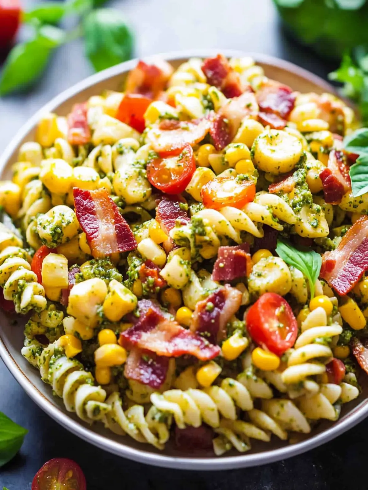 Delicious Corn Pasta Salad with Bacon & Creamy Pesto Dressing 3 Corn Pasta Salad with Bacon and Creamy Pesto Dressing