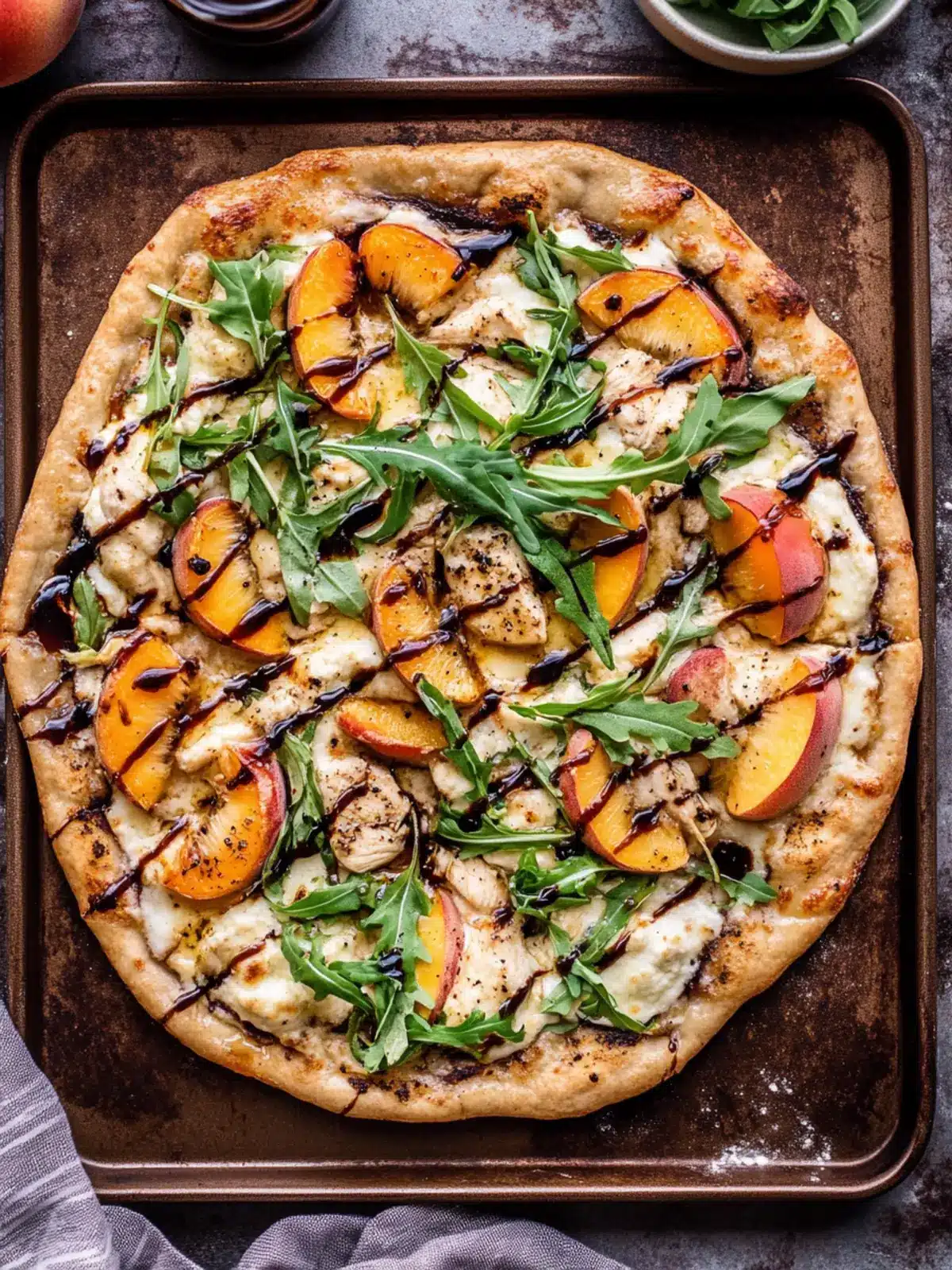 Chicken Peach Ricotta Pizza with Arugula & Balsamic Burst 3 Chicken Peach Ricotta Pizza with Arugula and Balsamic Glaze