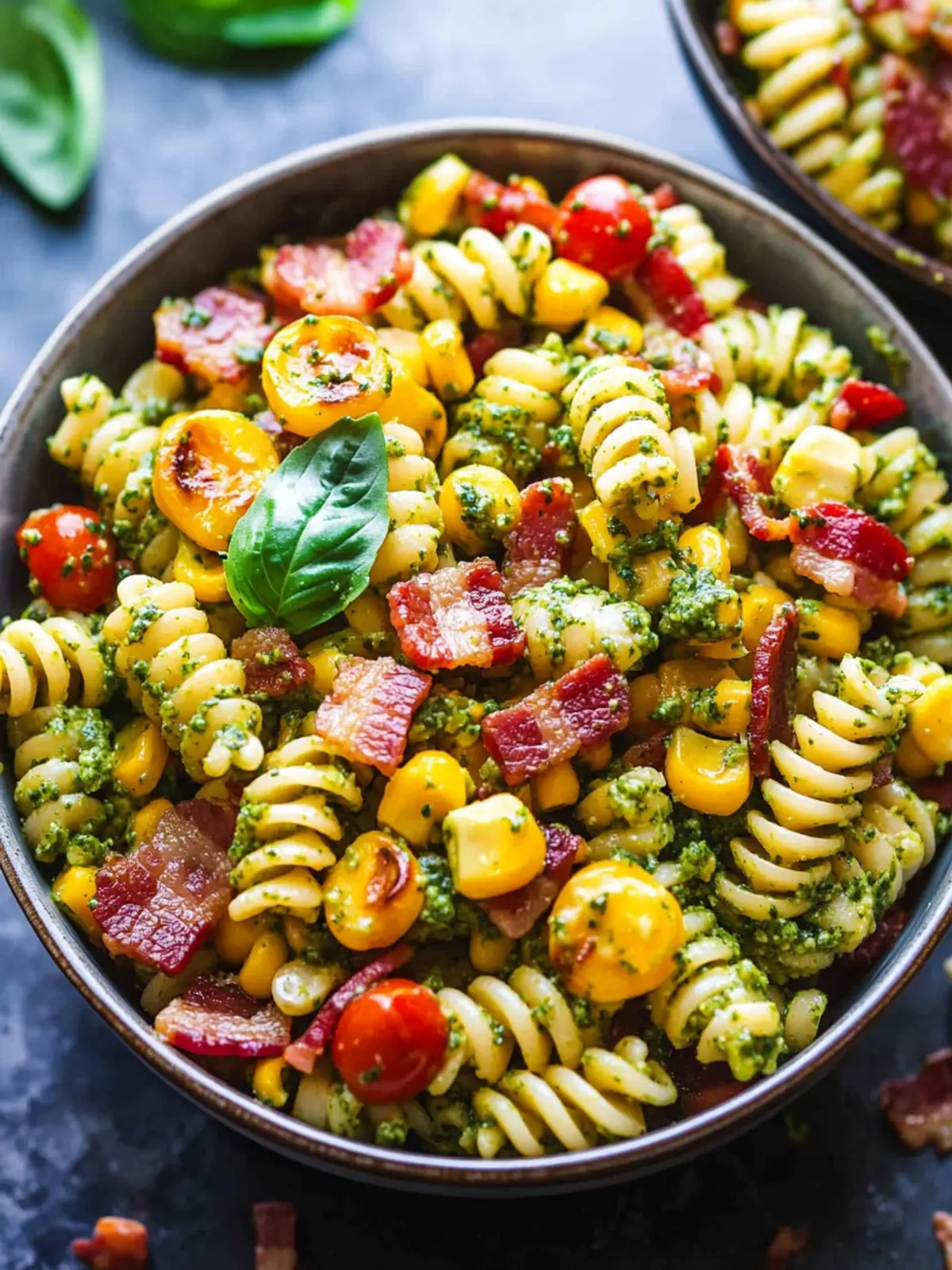 Delicious Corn Pasta Salad with Bacon & Creamy Pesto Dressing 2 Corn Pasta Salad with Bacon and Creamy Pesto Dressing