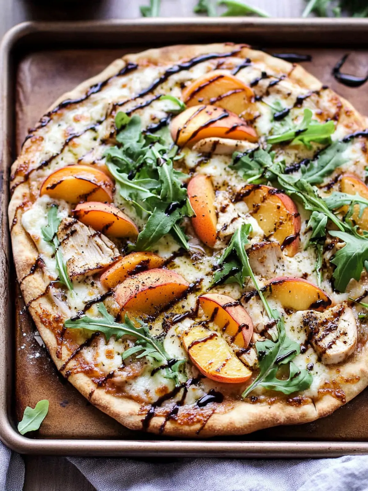 Chicken Peach Ricotta Pizza with Arugula & Balsamic Burst 4 Chicken Peach Ricotta Pizza with Arugula and Balsamic Glaze