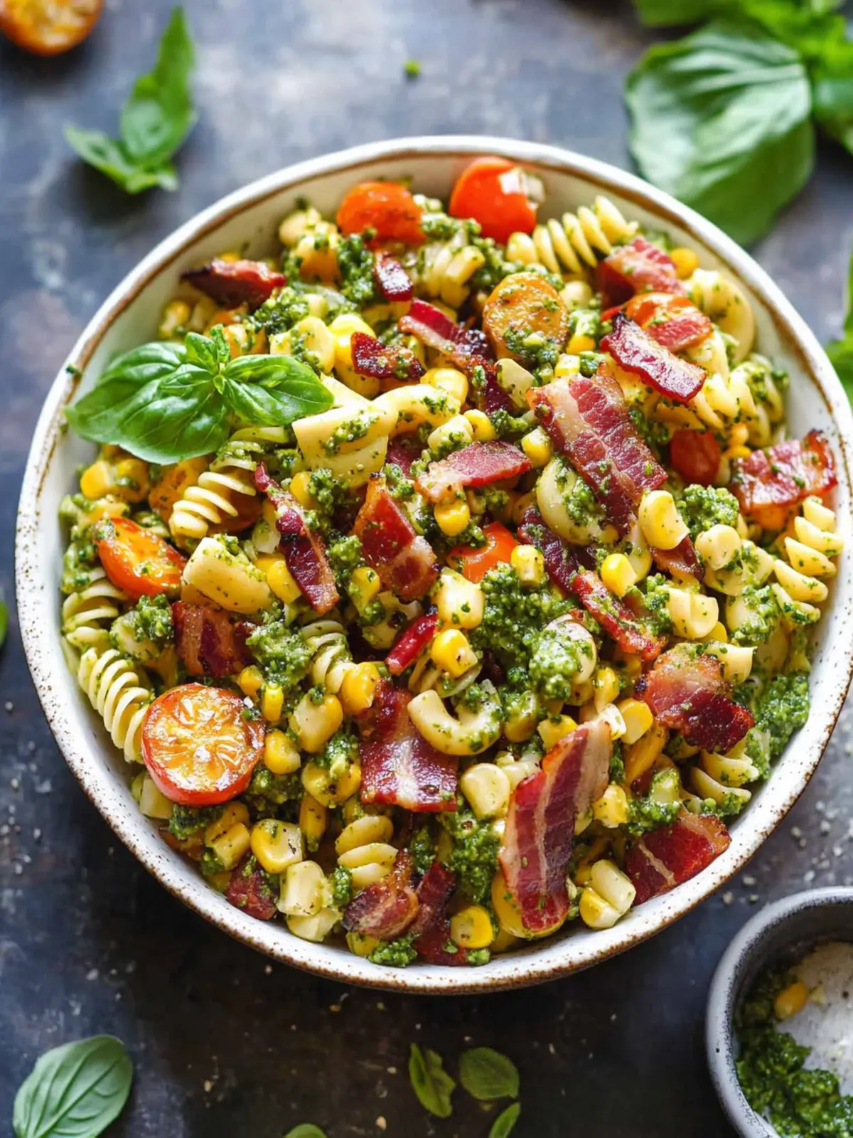 Corn Pasta Salad with Bacon and Creamy Pesto Bliss 4 Corn Pasta Salad with Bacon and Creamy Pesto Dressing