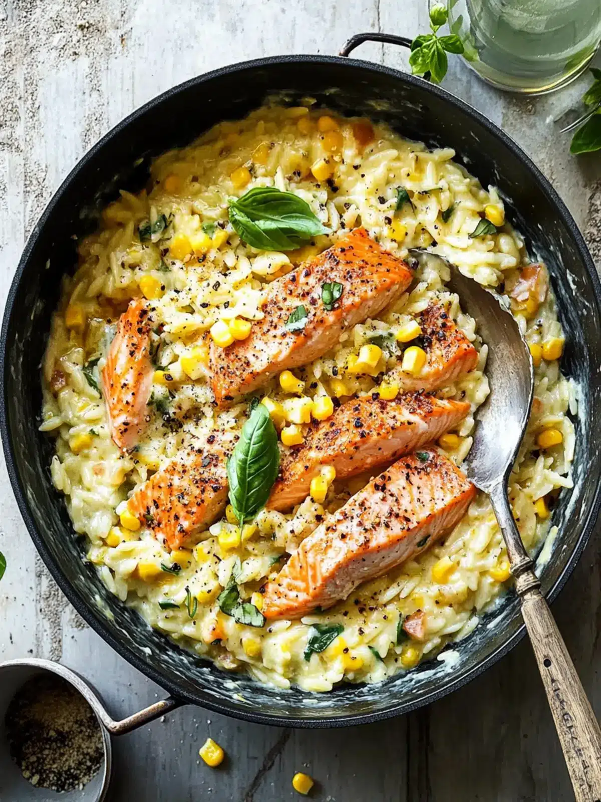 Creamed Corn Orzo with Salmon