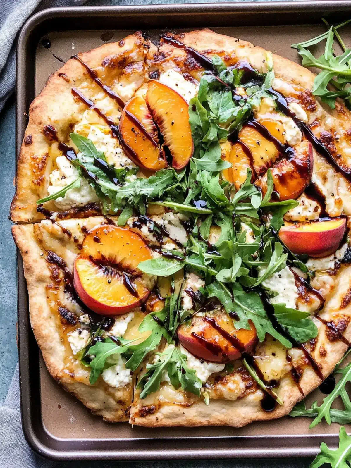 Chicken Peach Ricotta Pizza with Arugula & Balsamic Burst 5 Chicken Peach Ricotta Pizza with Arugula and Balsamic Glaze