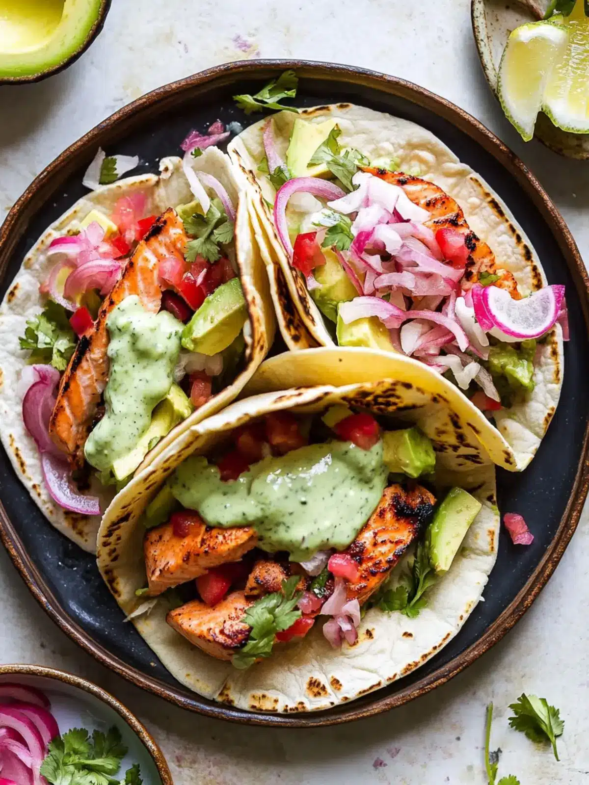 Savory Salmon Tacos with Creamy Avocado Crema Delight 4 Salmon Tacos with Avocado Crema