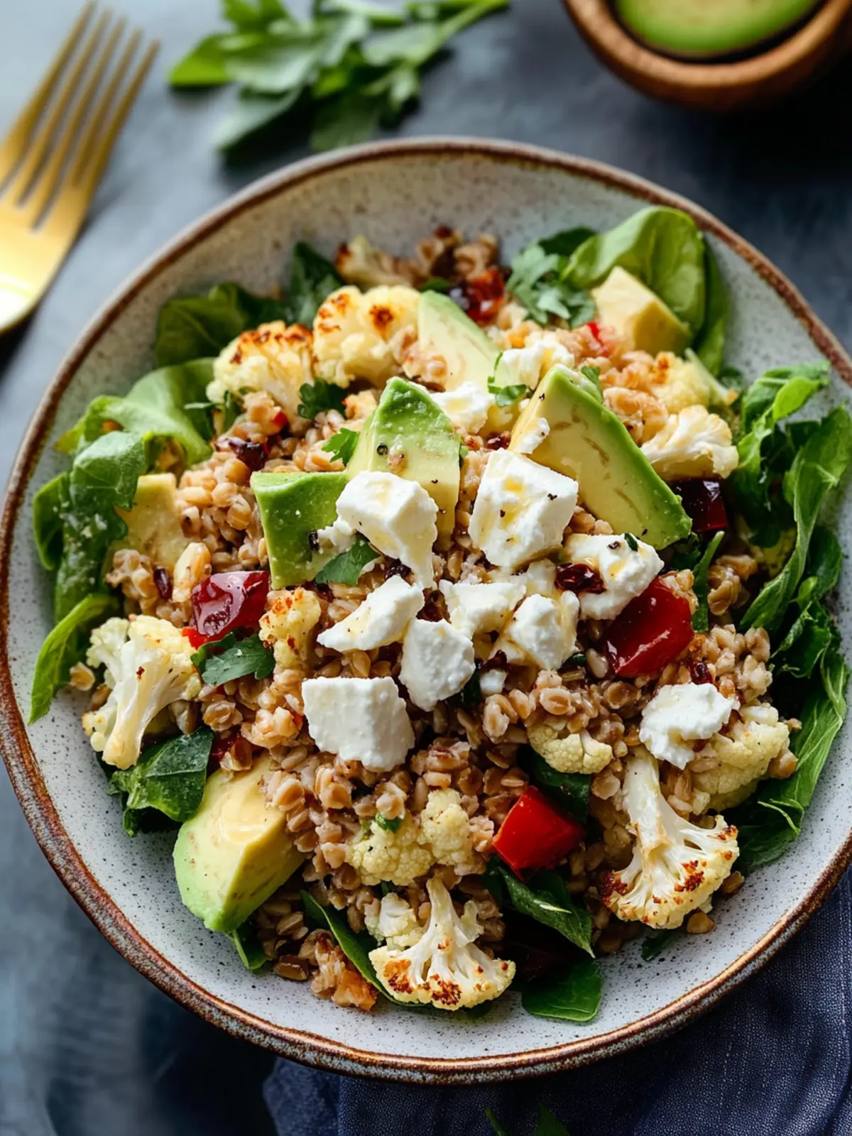 Roasted Cauliflower and Farro Salad with Feta and Avocado Bliss 3 Roasted Cauliflower and Farro Salad with Feta and Avocado