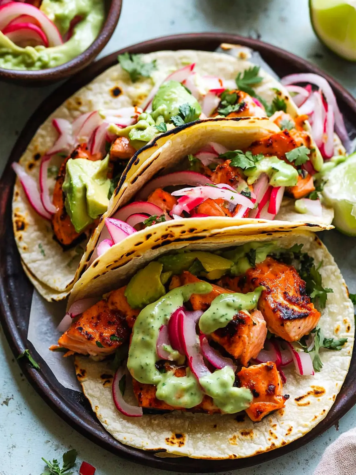 Savory Salmon Tacos with Avocado Crema in Just 40 Minutes 3 Salmon Tacos with Avocado Crema