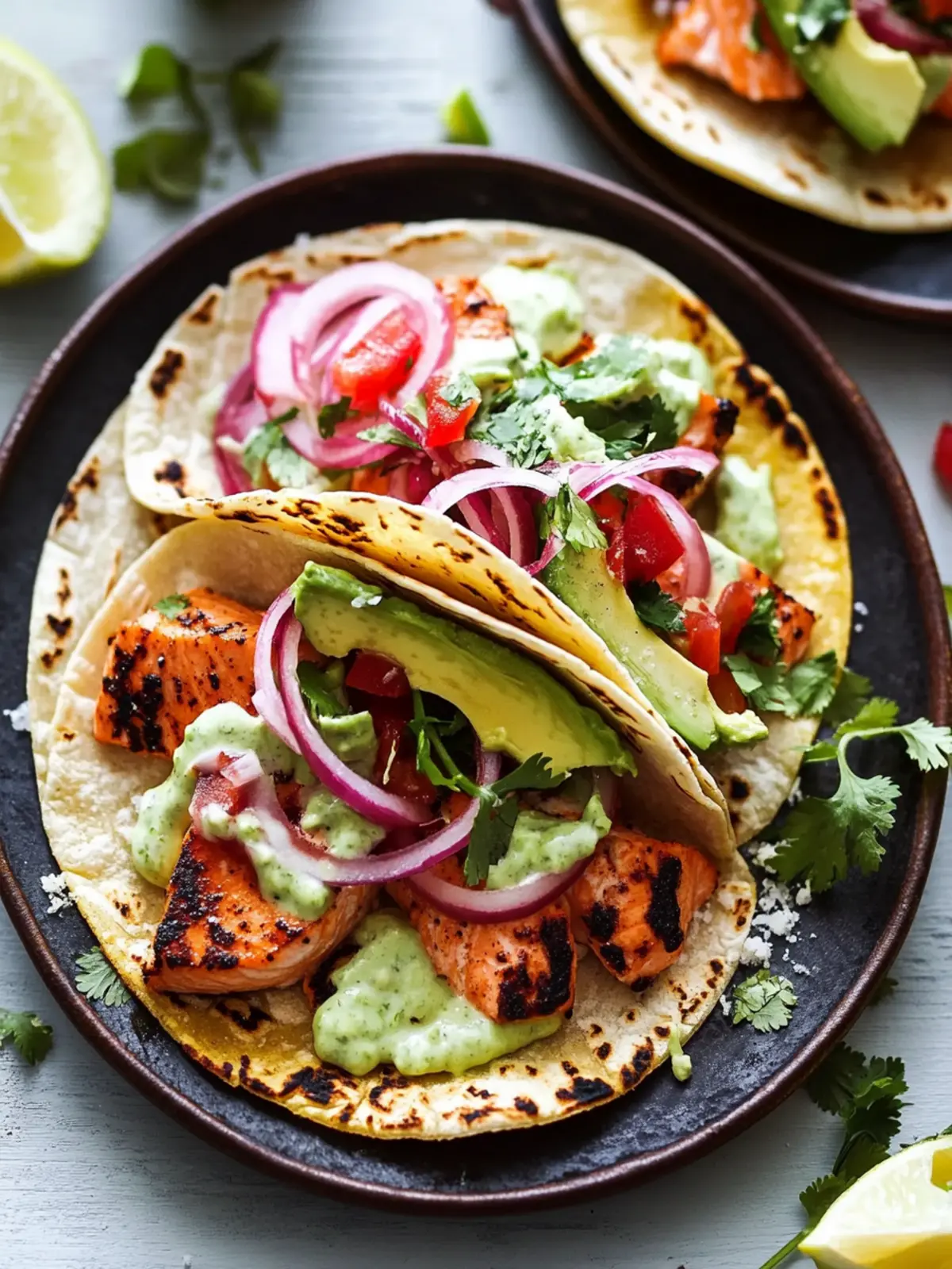 Savory Salmon Tacos with Creamy Avocado Crema Delight 2 Salmon Tacos with Avocado Crema