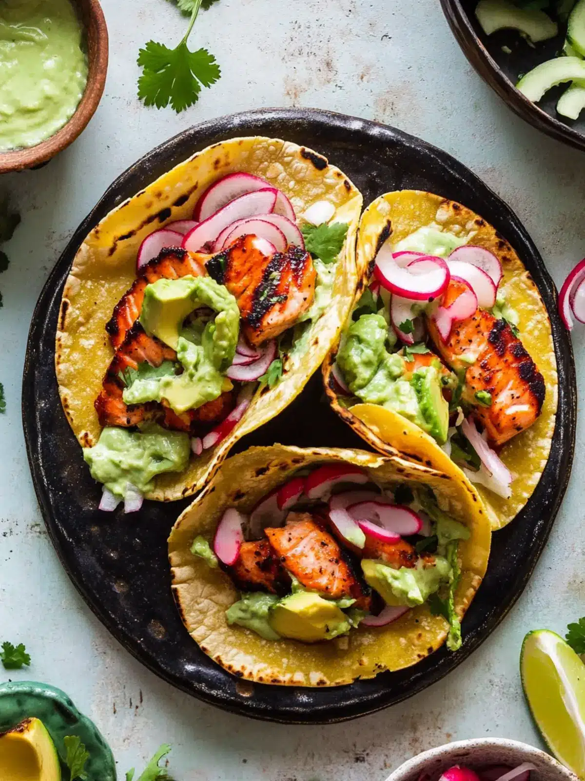 Savory Salmon Tacos with Creamy Avocado Crema Delight 5 Salmon Tacos with Avocado Crema