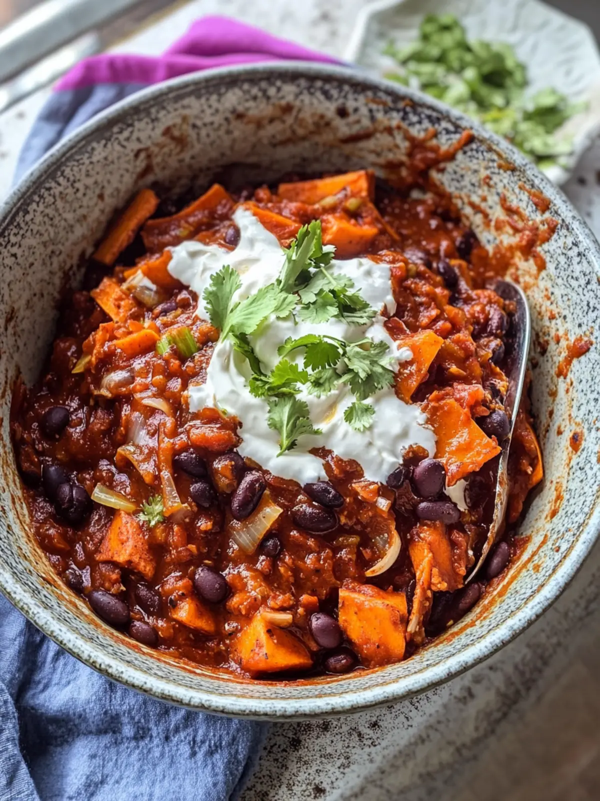 Savory Chipotle Black Bean + Sweet Potato Chilli Bliss 4 Chipotle Black Bean + Sweet Potato Chilli with Coriander Yogurt