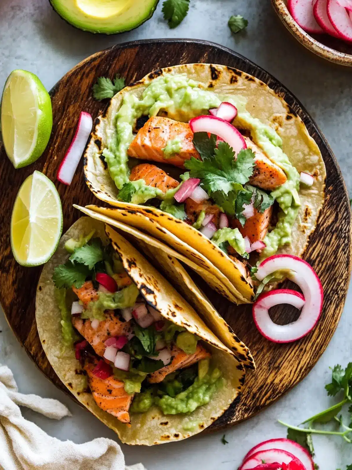 Savory Salmon Tacos with Creamy Avocado Crema Delight 3 Salmon Tacos with Avocado Crema