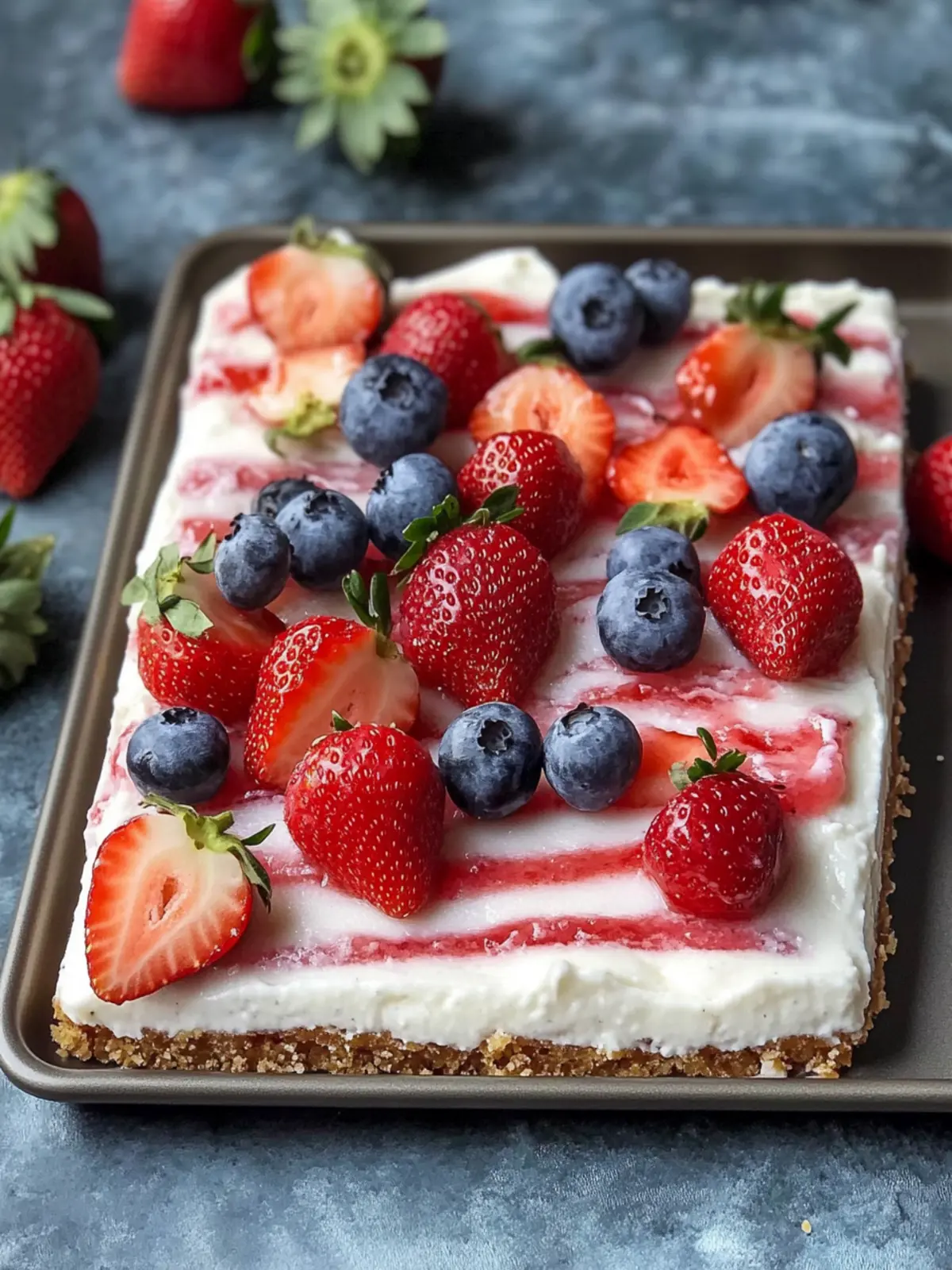 Patriotic Creamy No-Bake American Flag Strawberry Cheesecake 4 Creamy No-Bake American Flag Strawberry Cheesecake Sheet Dessert